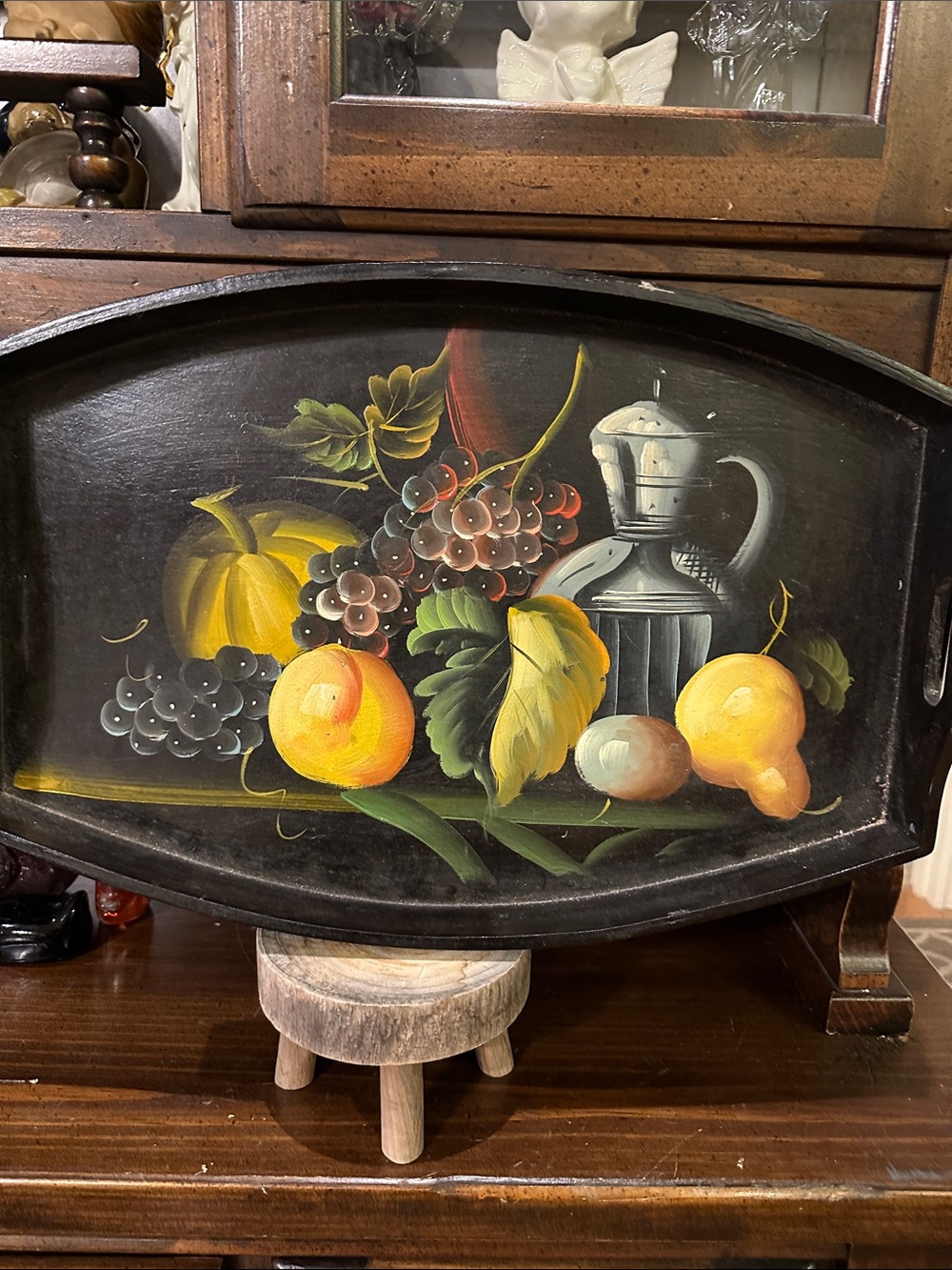 Hand-Painted Fruit & Pitcher Decorative Tray - Black Background